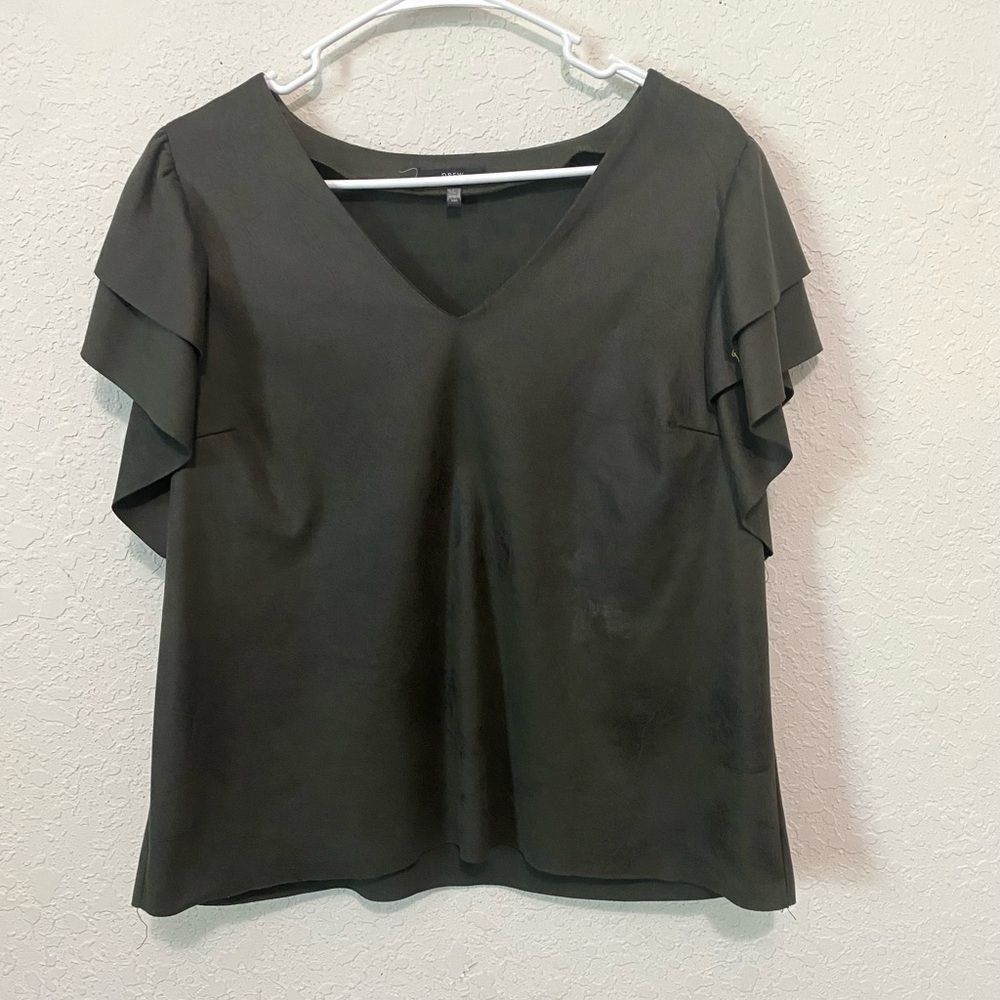 Anthropologie DREW Foil Suede Dark Green Tiered Ruffle Sleeves Size Large - Picture 2 of 8